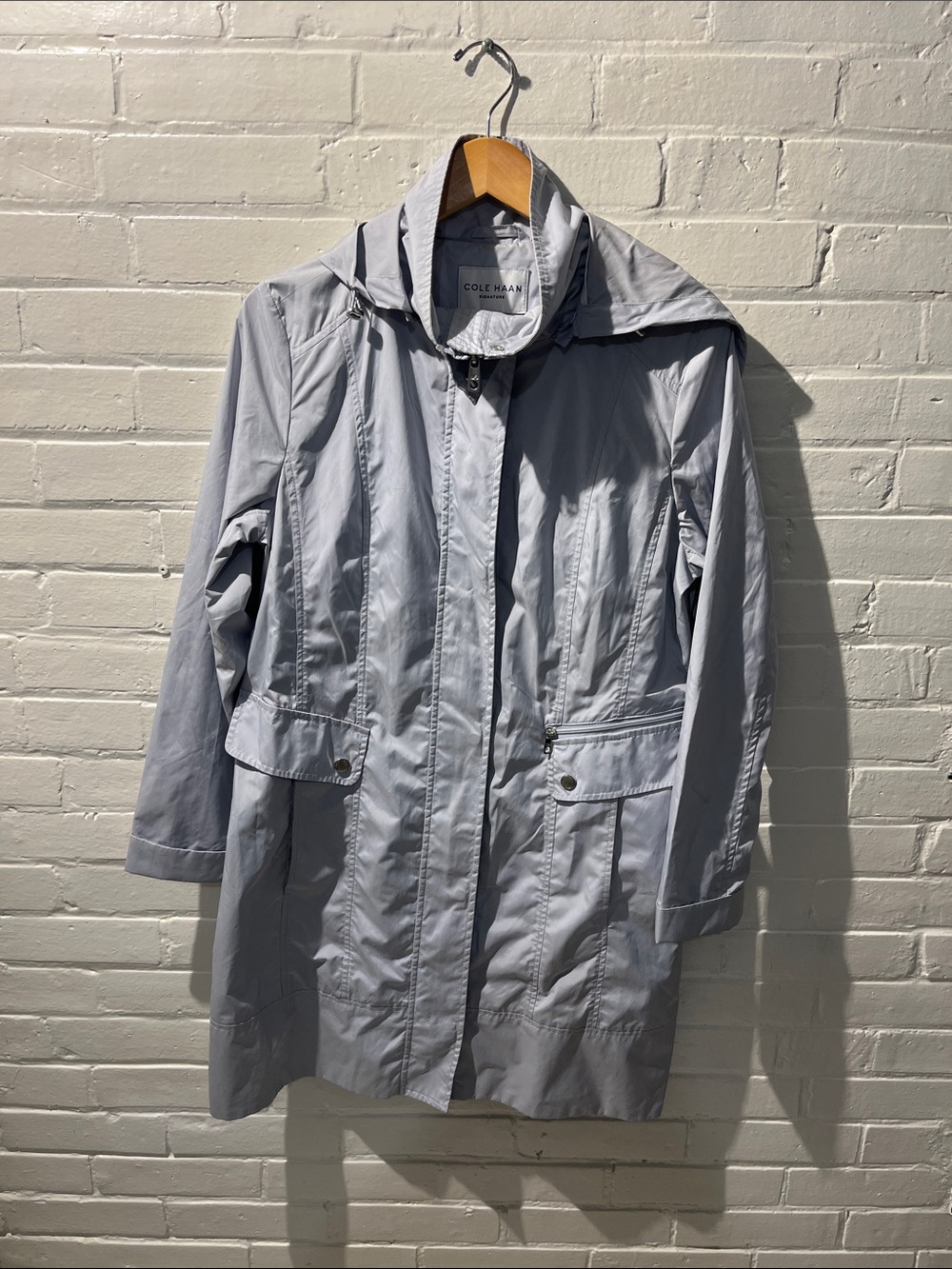 Cole Haan Pale Gray Hooded Trench Coat